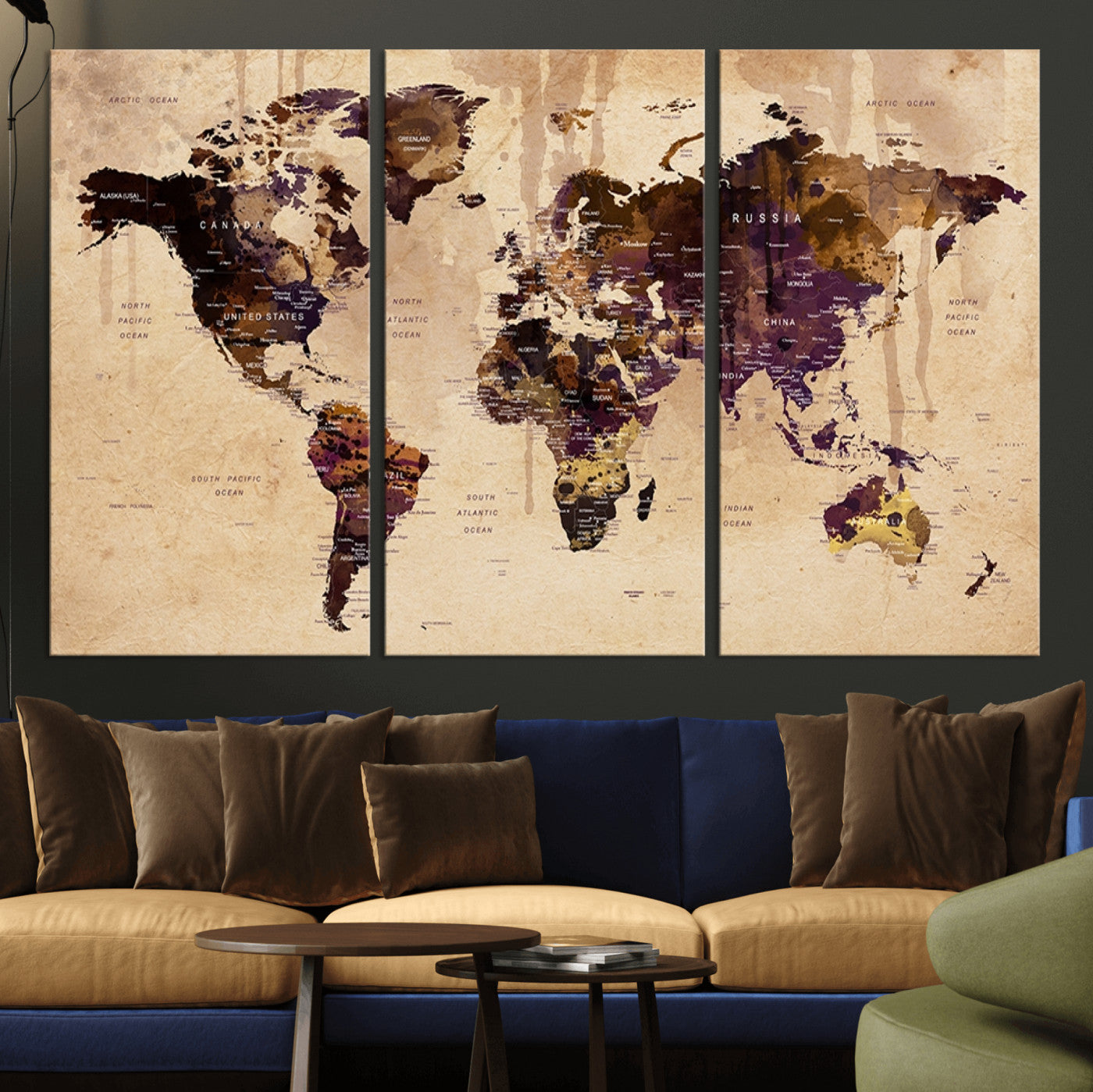 -Vintage World Map Canvas Wall Art – Framed Push Pin Travel Map for Home and Office Decor