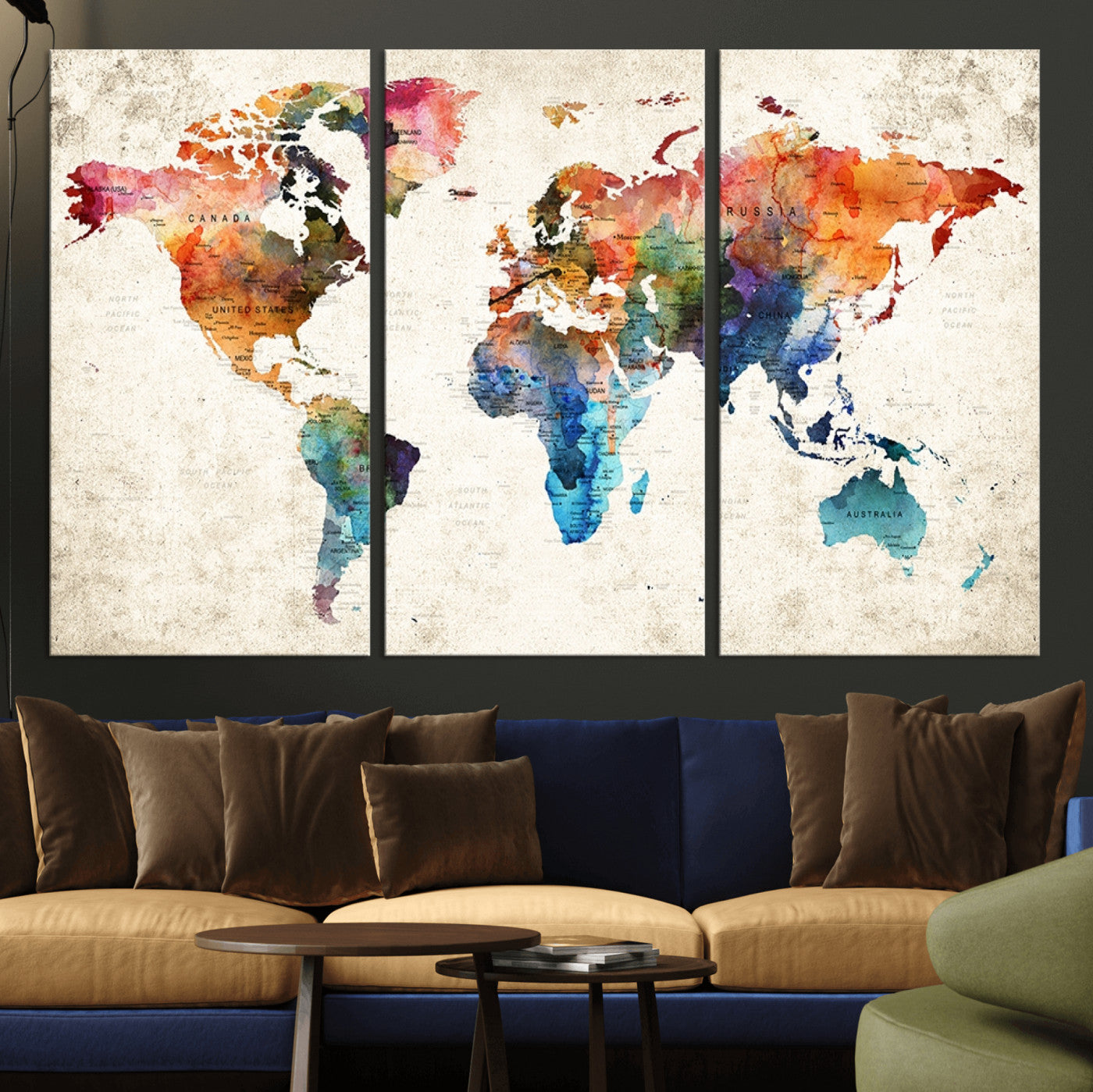 -Personalized World Map Canvas Print – Colorful Watercolor Push Pin Travel Map, Framed Wall Art for Home or Office Decor