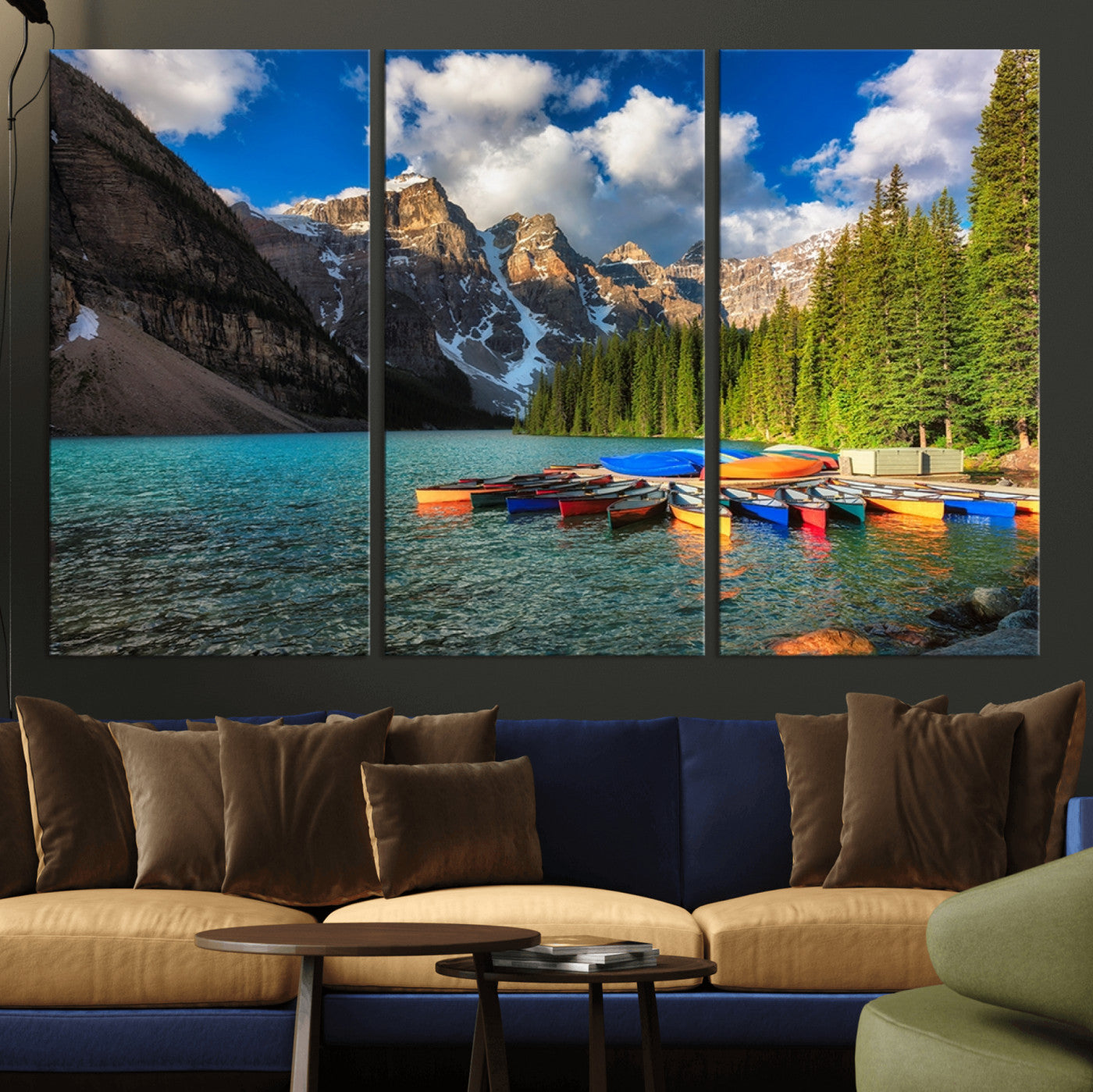 -Moraine Lake 3-Panel Wall Art, Majestic Mountain and Lake Landscape Canvas Print Canoes on Moraine