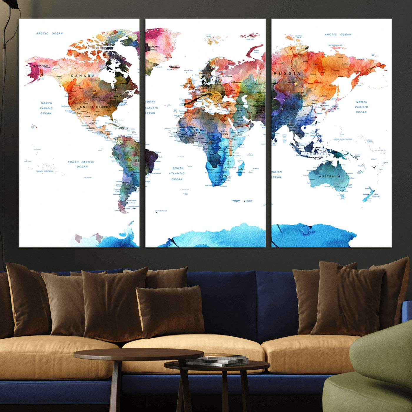 11576-MGV-CV-36X24-Vibrant Watercolor World Map Canvas Wall Art – Framed Push Pin Travel Map for Home and Office Decor, Modern Colorful Wall Artwork