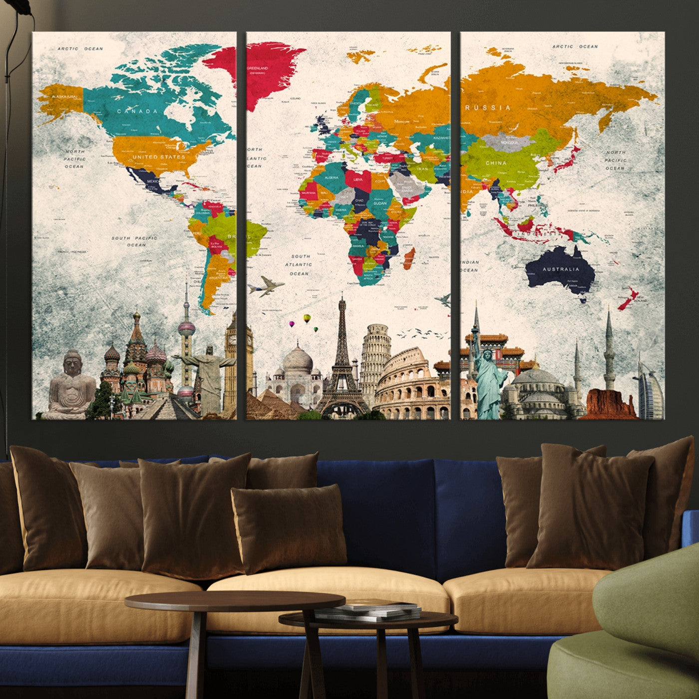 98056-MGV-CV-36X24-Colorful World Map Canvas Wall Art with Landmarks – Framed Travel Map Print for Home and Office Decor, Perfect Gift for Travel Lovers