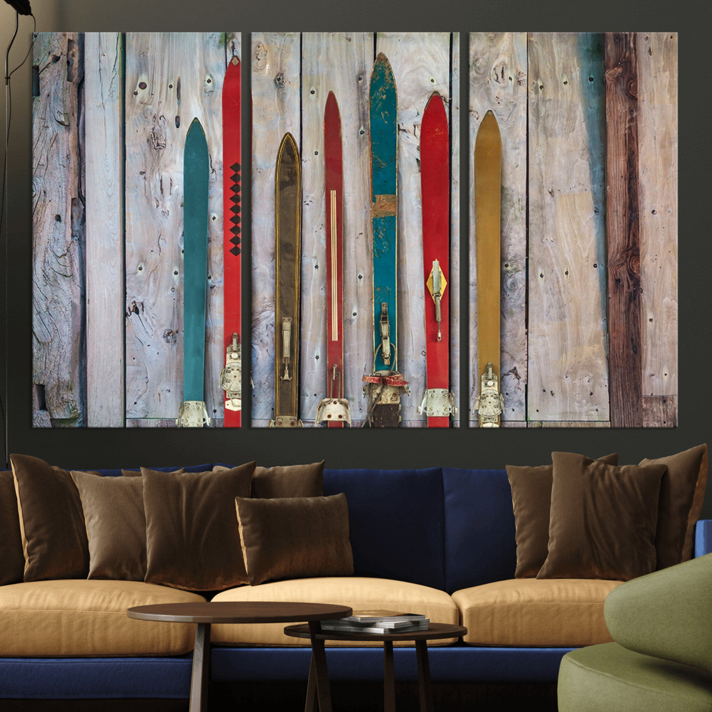 -Vintage Wooden Weathered Ski's in Front of an Old Barn Wall Art Canvas Print for Farmhouse, Cabin
