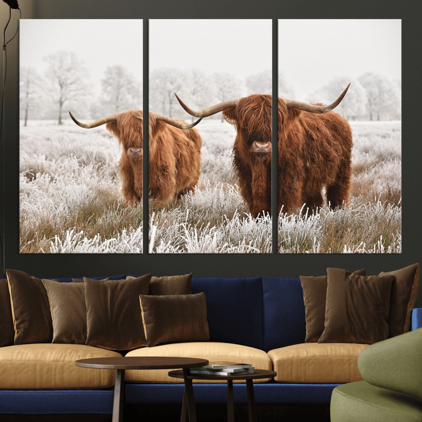 -Longhorn Cattle Wall Art Canvas Print, Framed Farmhouse Style Art Picture Print, Rustic Cow Perfect Rustic Farmhouse Decor Artwork