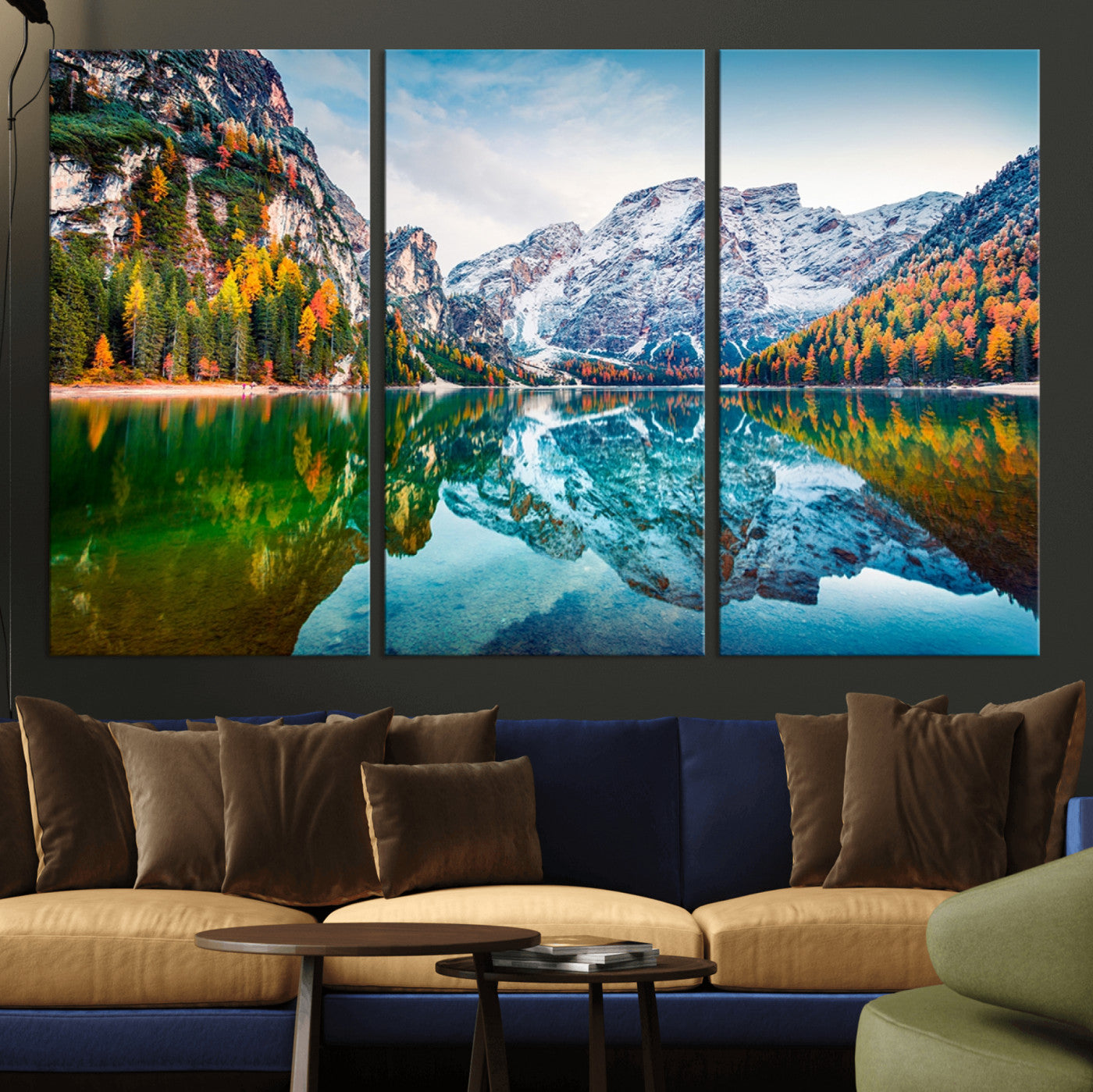 11645-MGV-CV-48X32-3P-Spectacular autumn view of Braies Lake Wall Art Canvas Print