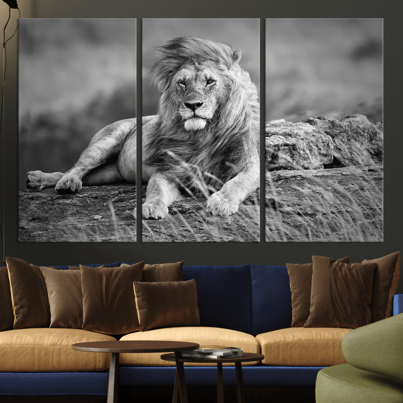 68679-MGV-CV-48X32-3P-King Forest Lion Wall Art Canvas Print – Framed Majestic Wildlife Scene with Regal Lion Artwork for Home, Office