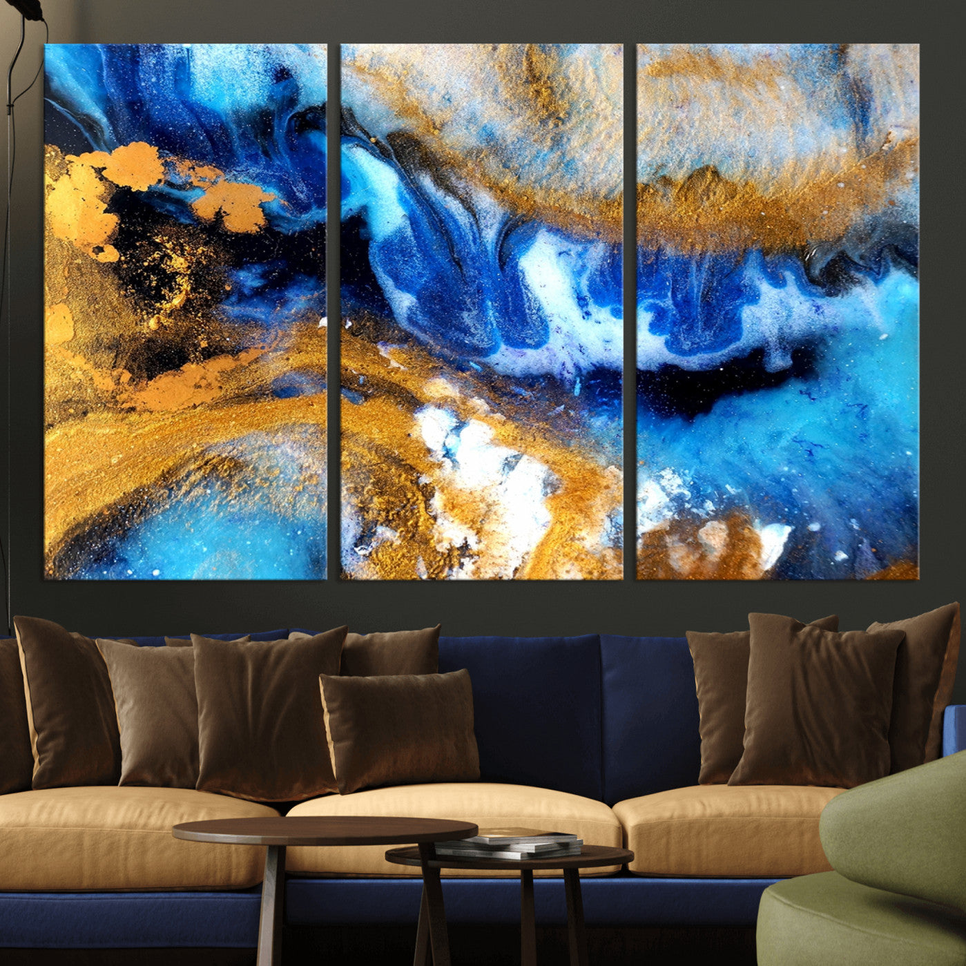 42100-MGV-CV-36X24-Blue Orange Marble Fluid Effect Canvas Wall Art Print