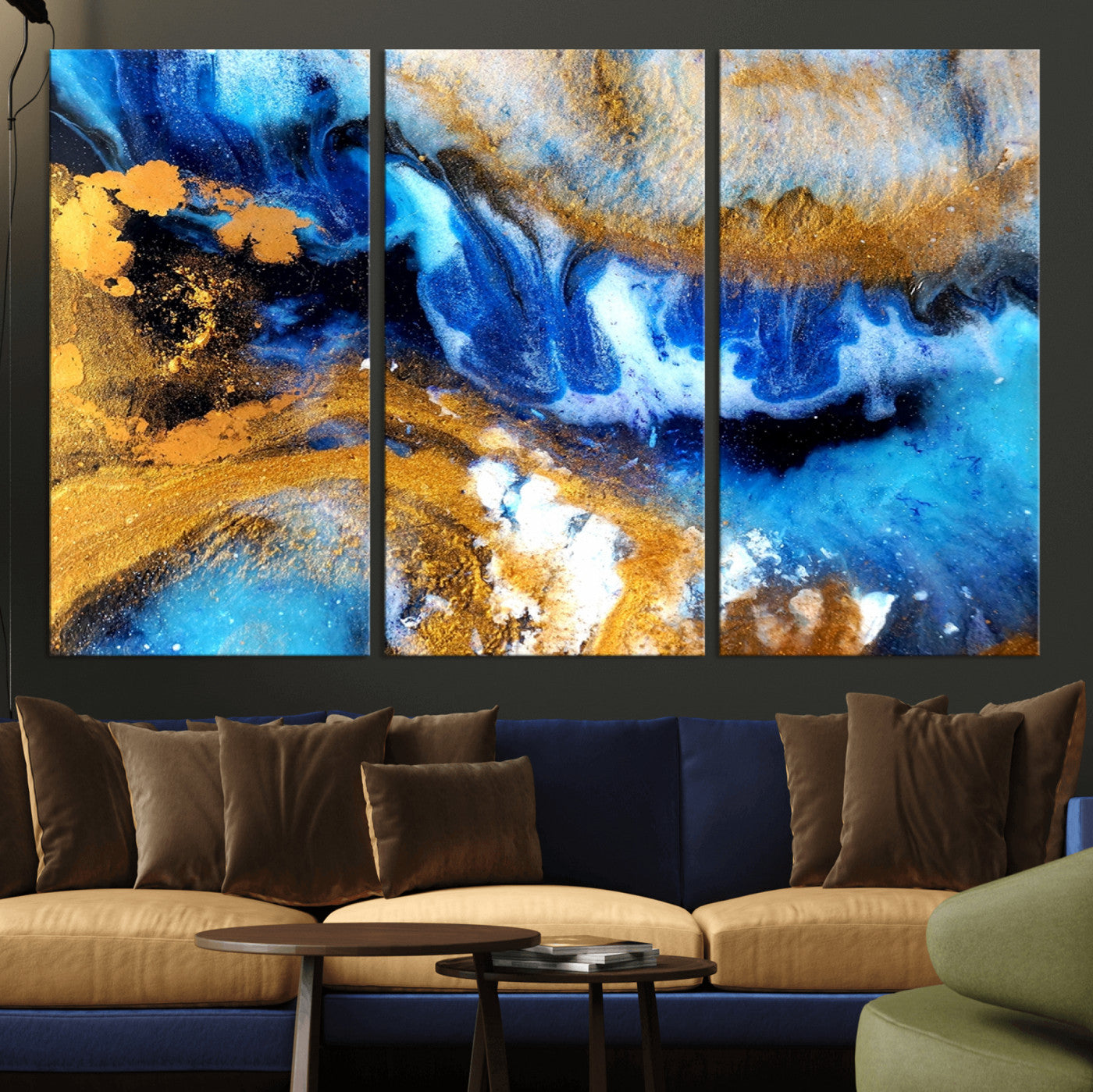 42100-MGV-CV-36X24-Blue Orange Marble Fluid Effect Canvas Wall Art Print