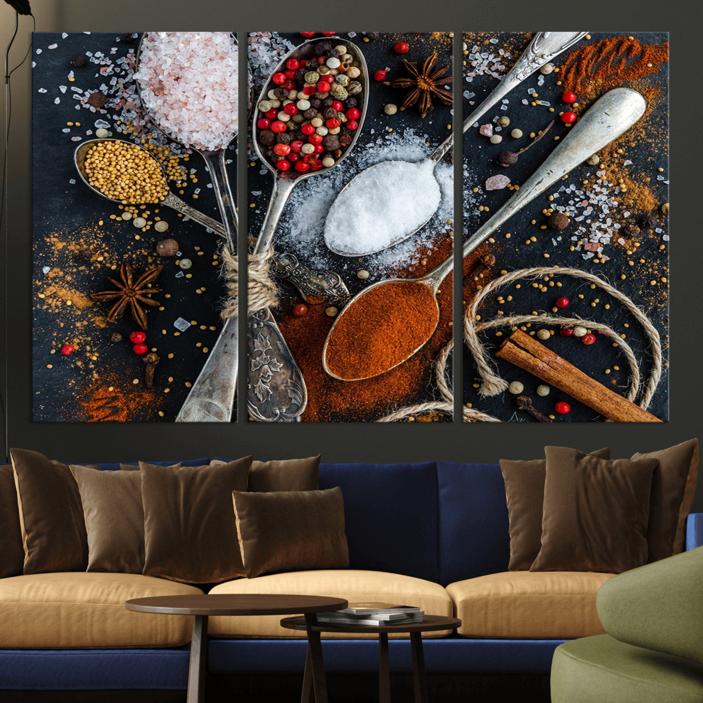 -Spices and Seasonings Canvas Wall Art – Colorful Triptych Kitchen Decor – Culinary Art for Dining