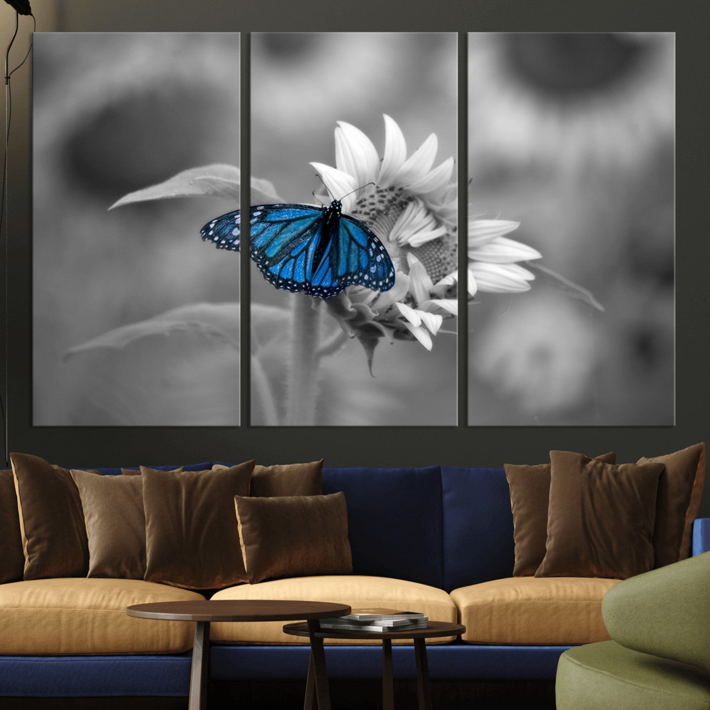 -Blue Butterfly Black and White Canvas Wall Art