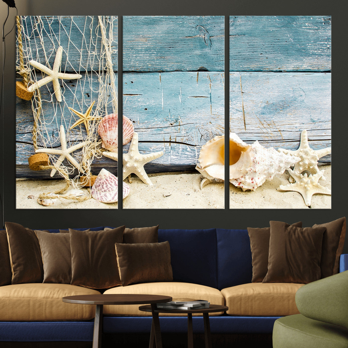 -Seashells on Rustic Wooden Background, Seashells Wall Art Canvas Print