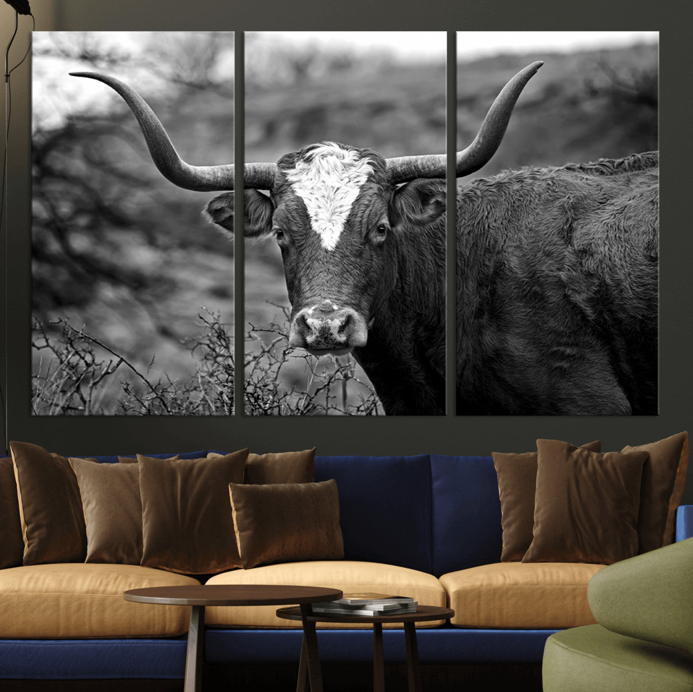 76200-MGV-CV-36X24-Western Home Wall Art Canvas Print, Framed Texas Longhorn Art Picture Print, Rustic Cow Perfect Rustic Farmhouse Decor Artwork