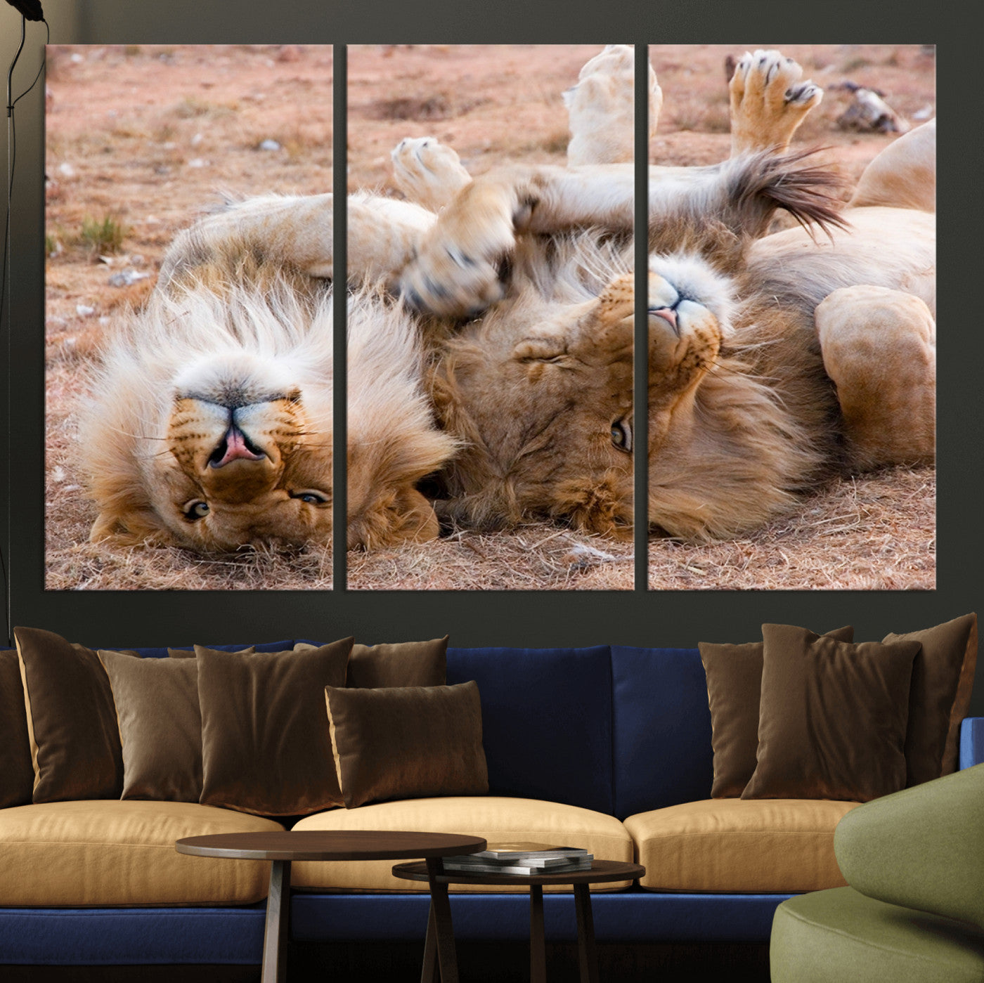 62598-MGV-CV-36X24-Lion Pair Wall Art Canvas Print – Framed Wildlife Scene with Playful Lions Artwork for Home, Office, Living Room