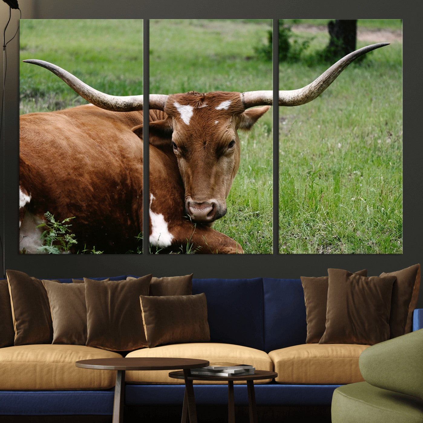 -Longhorn Steer Canvas Wall Art – Rustic Nature Triptych Decor for Living Room or Office – Ready to