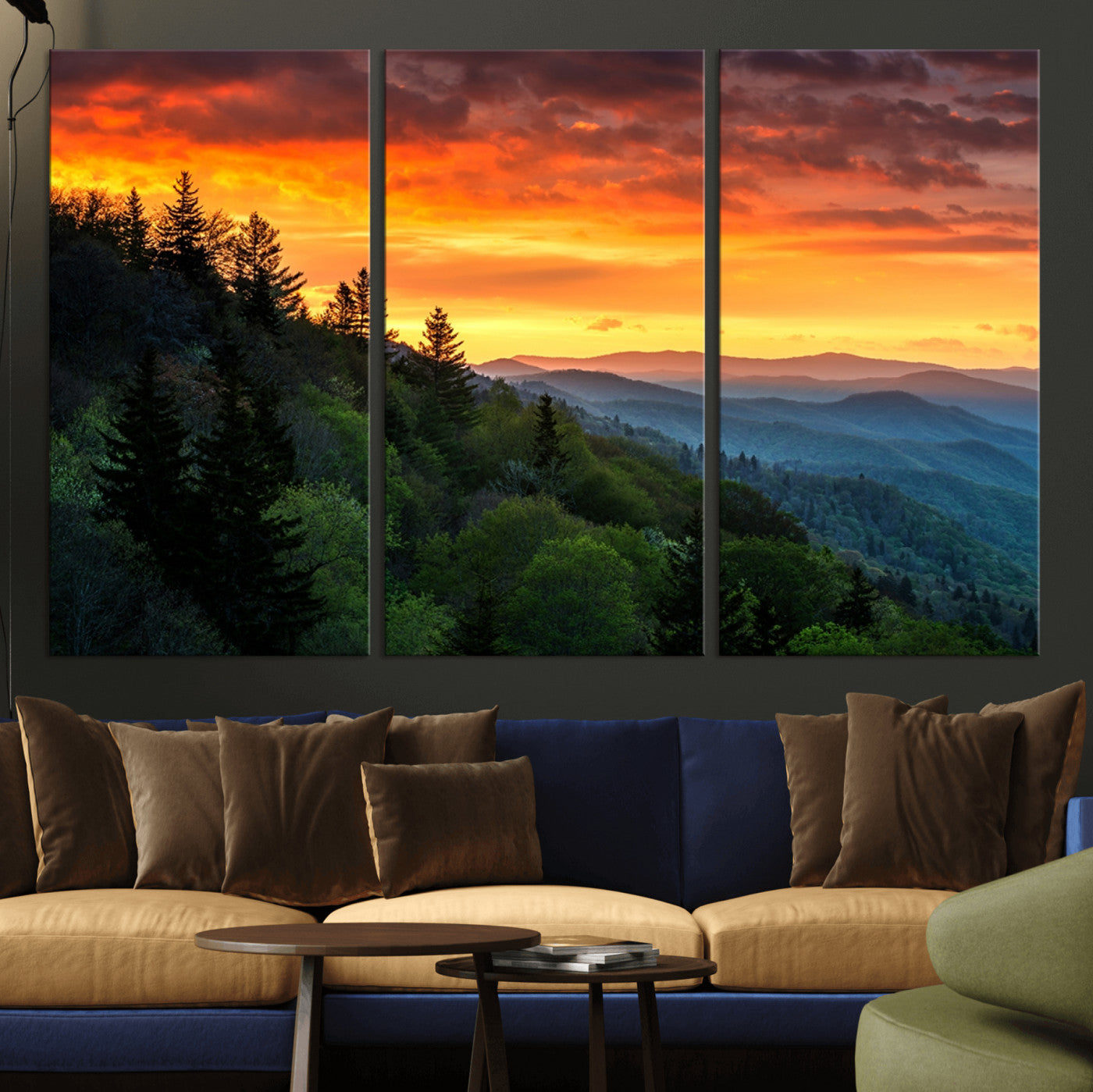 -Great Smoky Mountains Sunset Wall Art Canvas Print | 3 Panel Large Nature Landscape Photography for