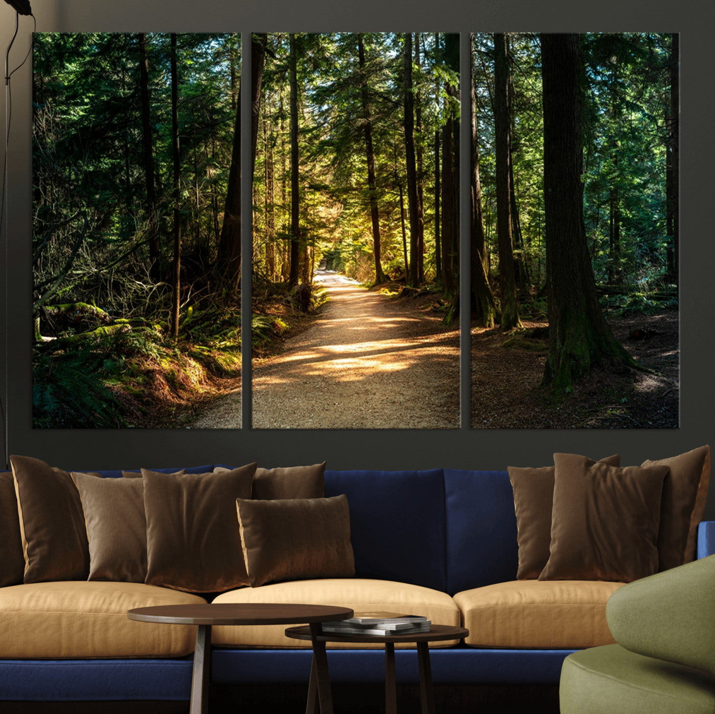 -Sunlit Forest Pathway Canvas Print | 3 Panel Large Nature Wall Art for Living Room, Office, or