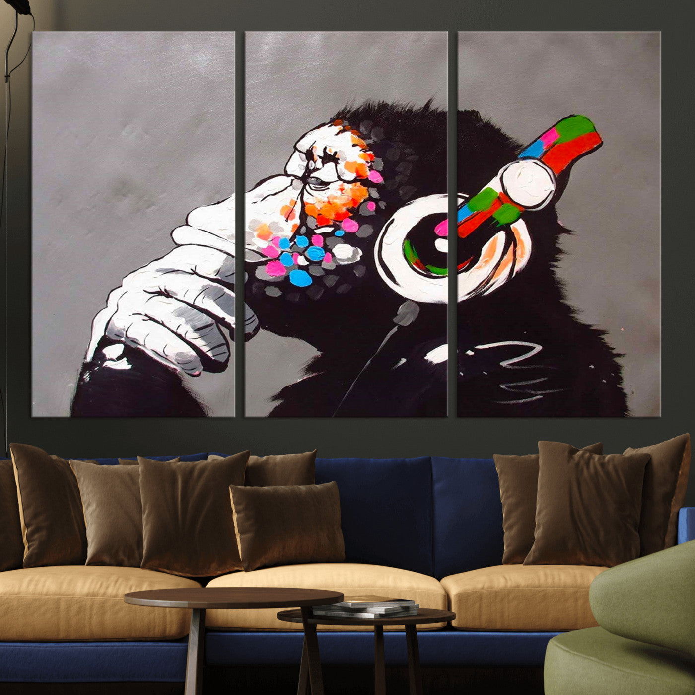 56887-MGV-CV-36X24-Dj Monkey Listening to Music Wall Art Print | Banksy Monkey Large Canvas Print for Living Room,