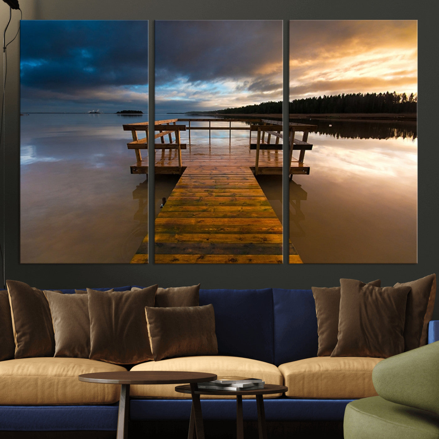 -Serene Lake Pier at Sunset Canvas Print | Landscape Canvas Print | Ready to Hang and Framed Wall Art