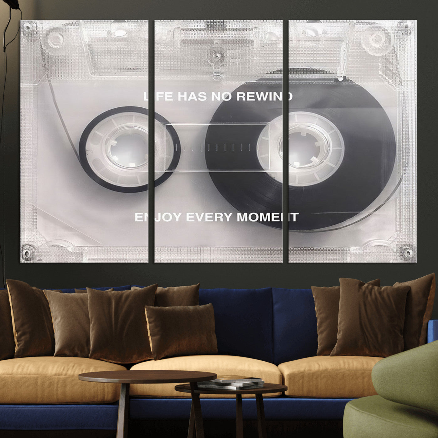 -Vintage Cassette Tape Canvas Wall Art - Inspirational 'Life Has No Rewind' Quote, Retro Music Decor