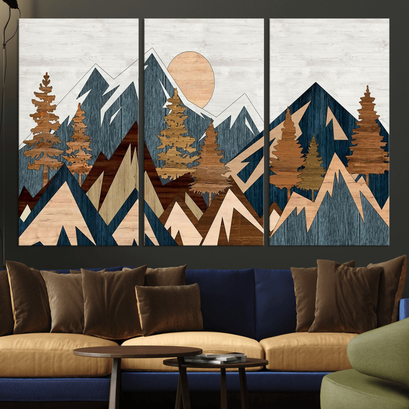 91467-MGV-CV-36X24-Abstract Wood Panel Effect Mountain Range Top Wall Art Canvas Print
