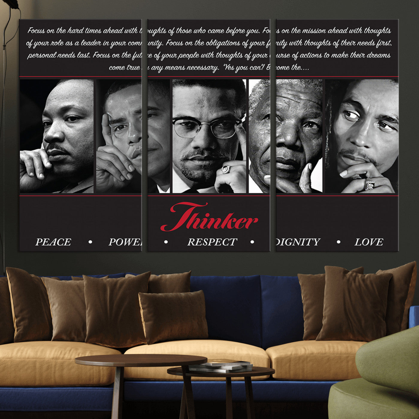 -Thinker Quintet Canvas Wall Art – Martin, Obama, Malcolm X, Mandela, Marley Featuring Peace, Power,