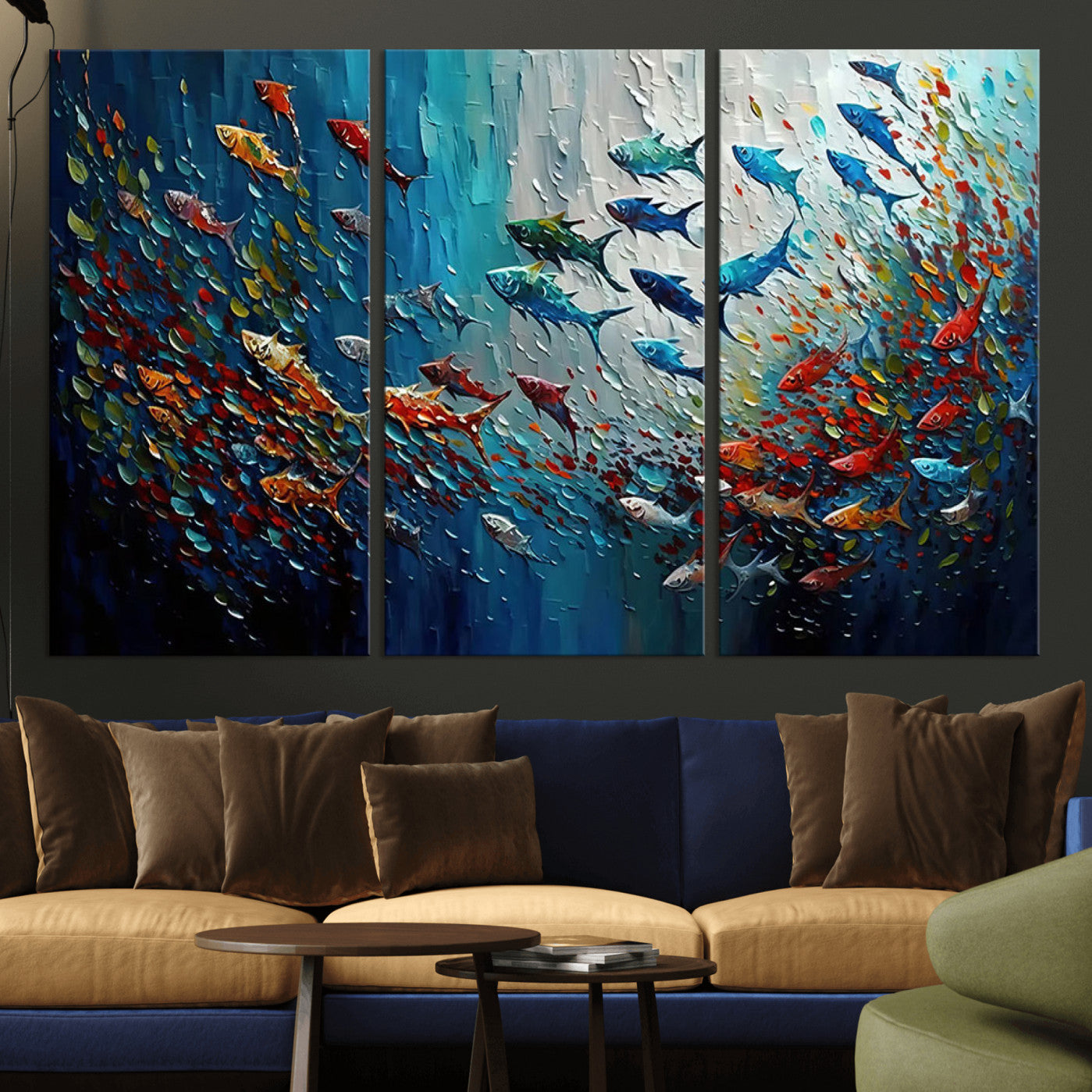 -Modern Abstract Fish Shoal Wall Art Canvas Print, Colorful Fish Herd Painting on Canvas Print, Ocean