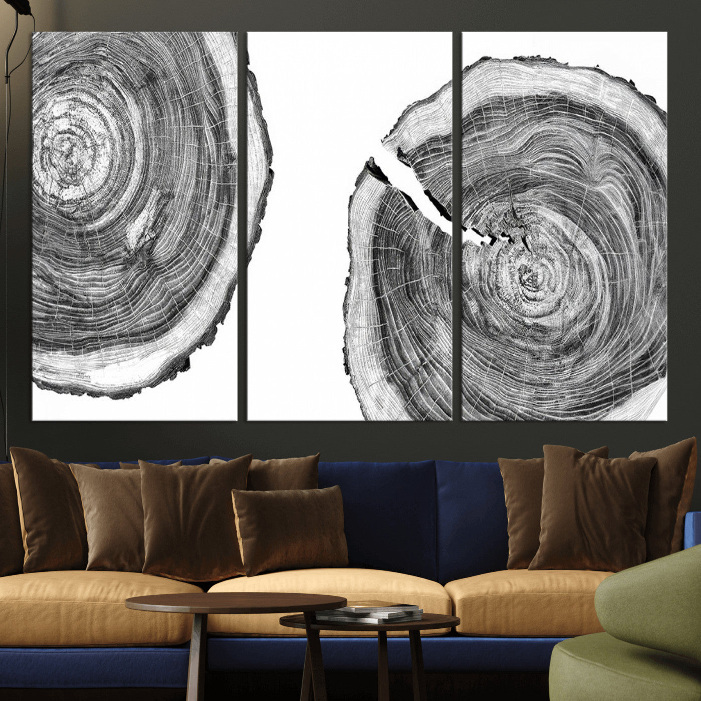 23016-MGV-CV-36X24-Modern Black and White Tree Rings Canvas Wall Art – Nature Inspired Wood Slice Print – Minimalist
