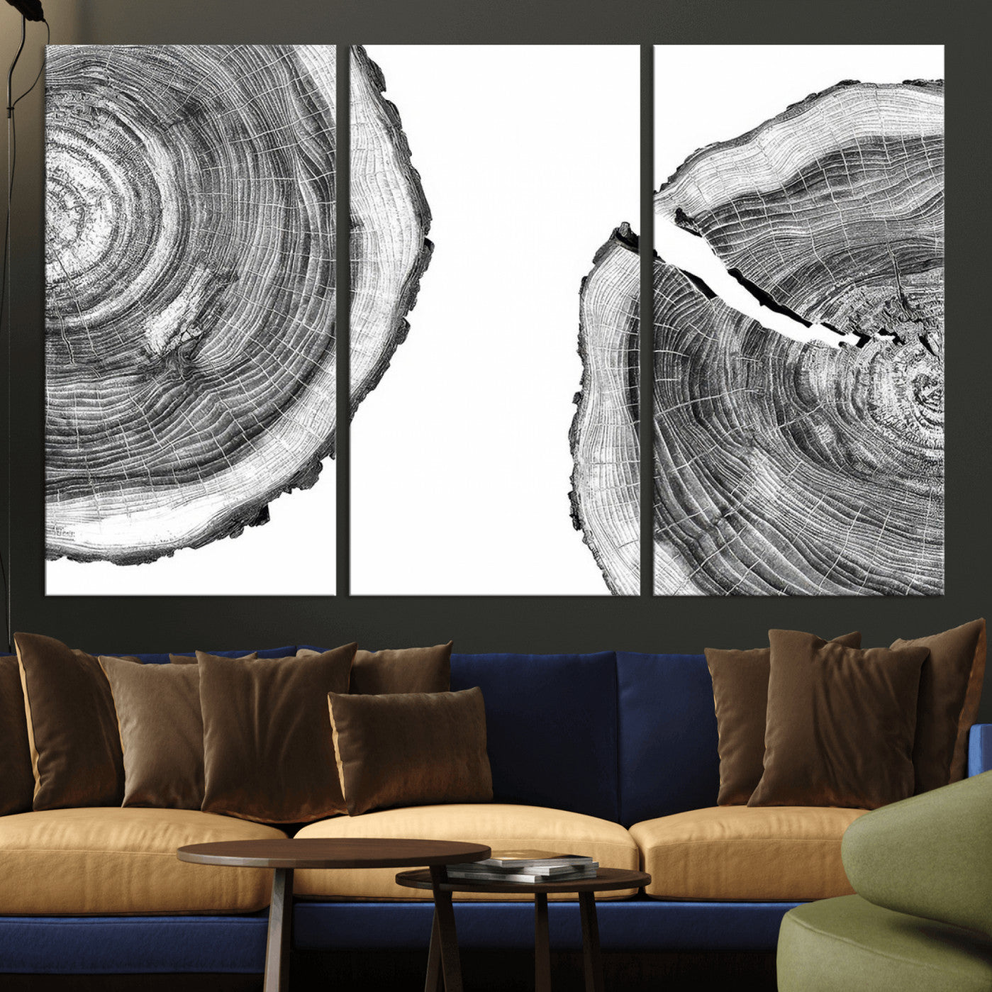 52770-MGV-CV-36X24-Abstract Large Tree Rings – Minimalist Black and White Wood Art | Triptych Canvas, Modern Wall Decor