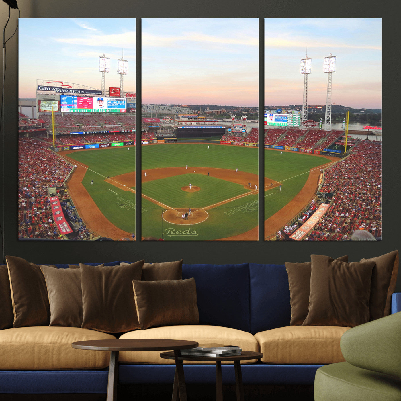 20257-MGV-CV-36X24-Cincinnati Reds Baseball Print Canvas- Cincinnati Great American Ball Park Stadium Wall Art Canvas