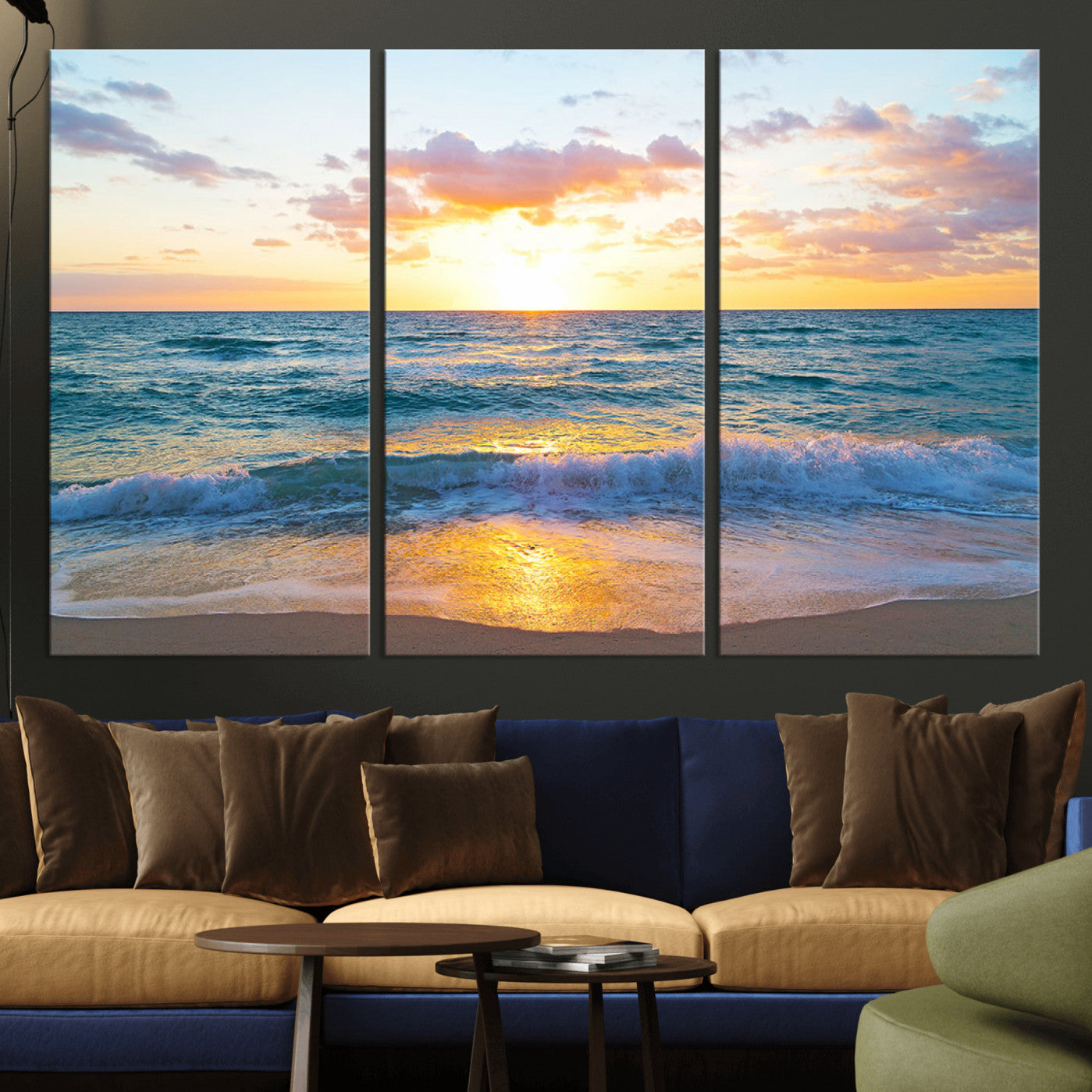 63383-MGV-CV-36X24-Golden Sunset Over Ocean Waves - Serene Coastal Triptych Wall Art for Relaxing Home Decor, Ready to
