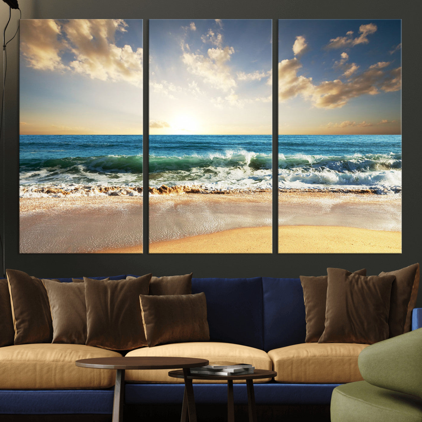 83376-MGV-CV-36X24-Golden Sunset Beach Triptych Canvas Wall Art for Living Room – 3-Panel Ocean View, Framed & Ready to