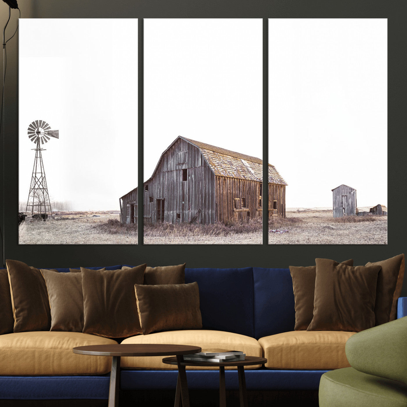 64560-MGV-CV-36X24-Set of 3 Rustic Farmhouse Wall Art Prints – Country Barn, Wheat Field, and Farm Landscape for Cozy