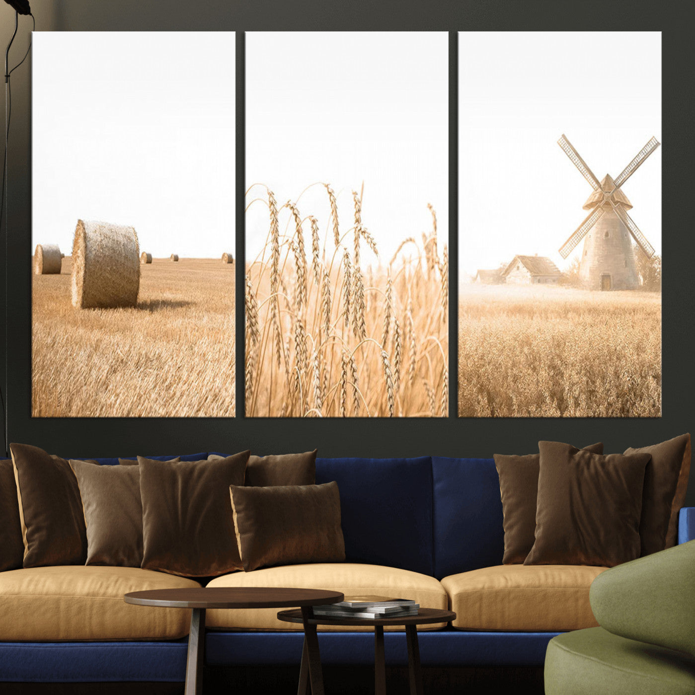 88780-MGV-CV-36X24-Vintage Farmhouse Triptych Wall Art – Giclée Canvas Featuring Wheat Fields, Hay Bales, and a