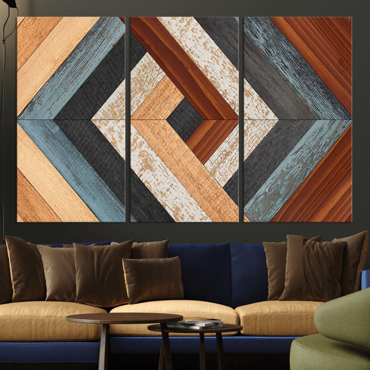 20897-MGV-CV-36X24-Geometric Wood Art Wall Decor Canvas Print, Rustic Wooden Pattern Triptych Wall Art for Living Room