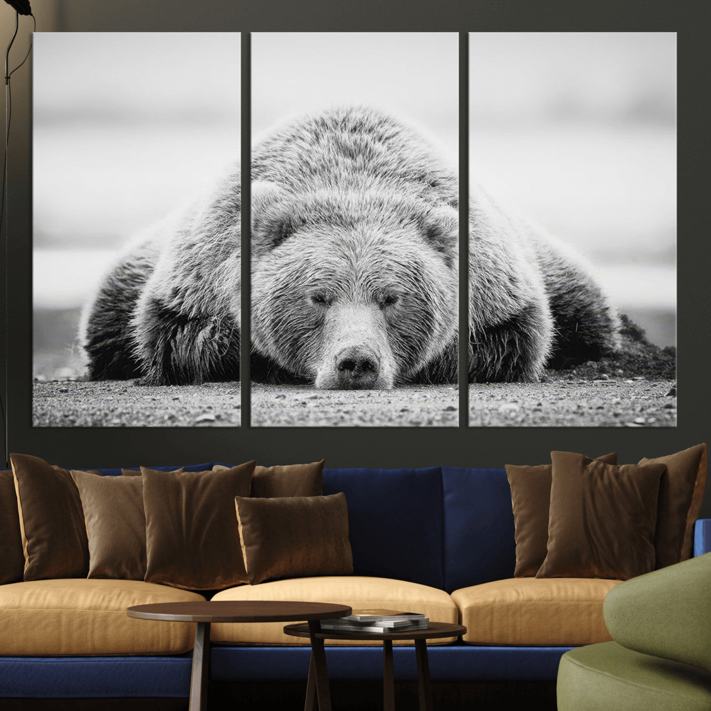 72905-MGV-CV-36X24-Resting Grizzly Bear Wall Art Canvas Print – Majestic Lazy Black and White Wildlife Bear Art,