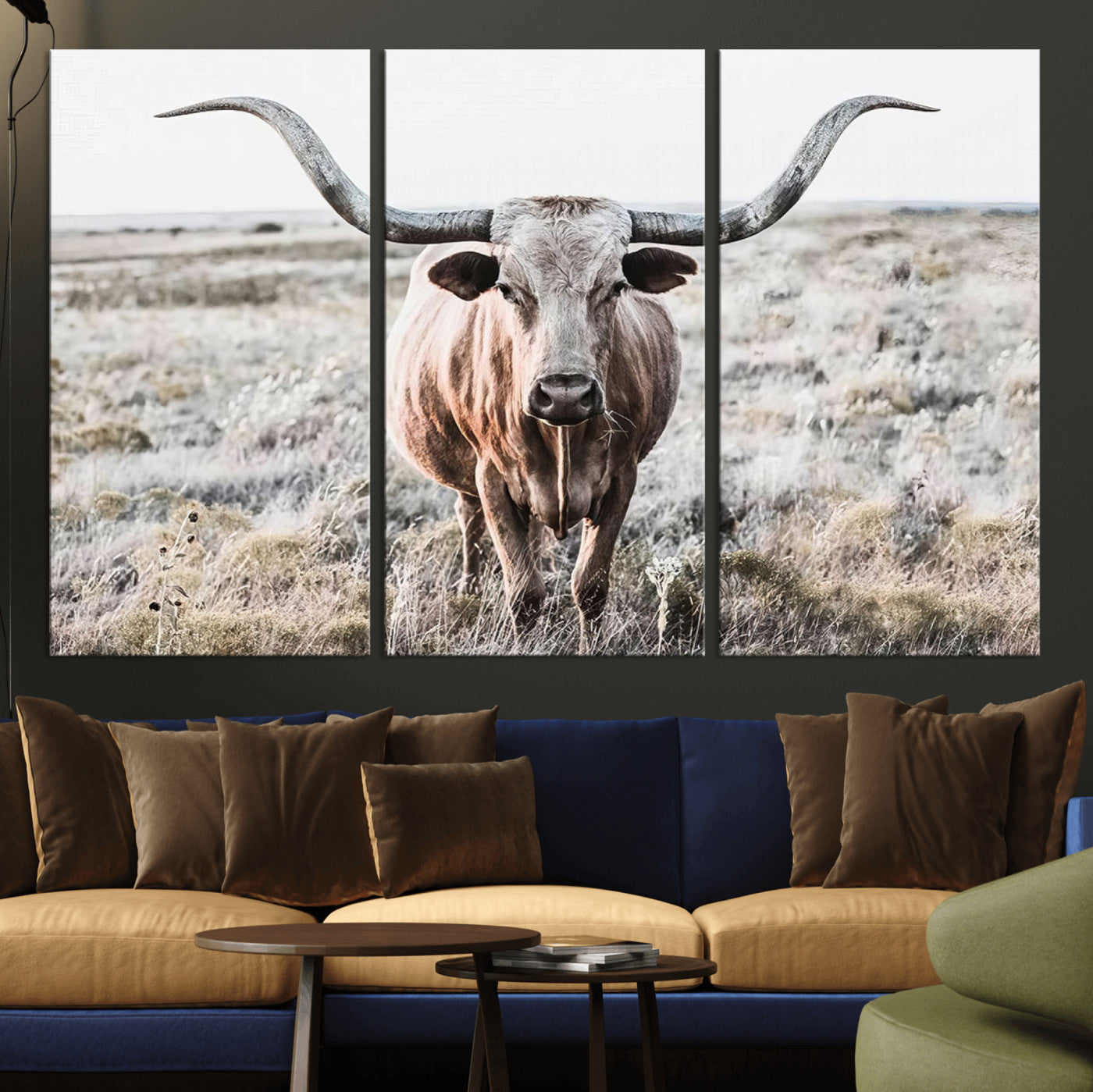 -Rustic Texas Longhorn Wall Art Canvas Print | Western Farmhouse Decor for Living Room or Office,