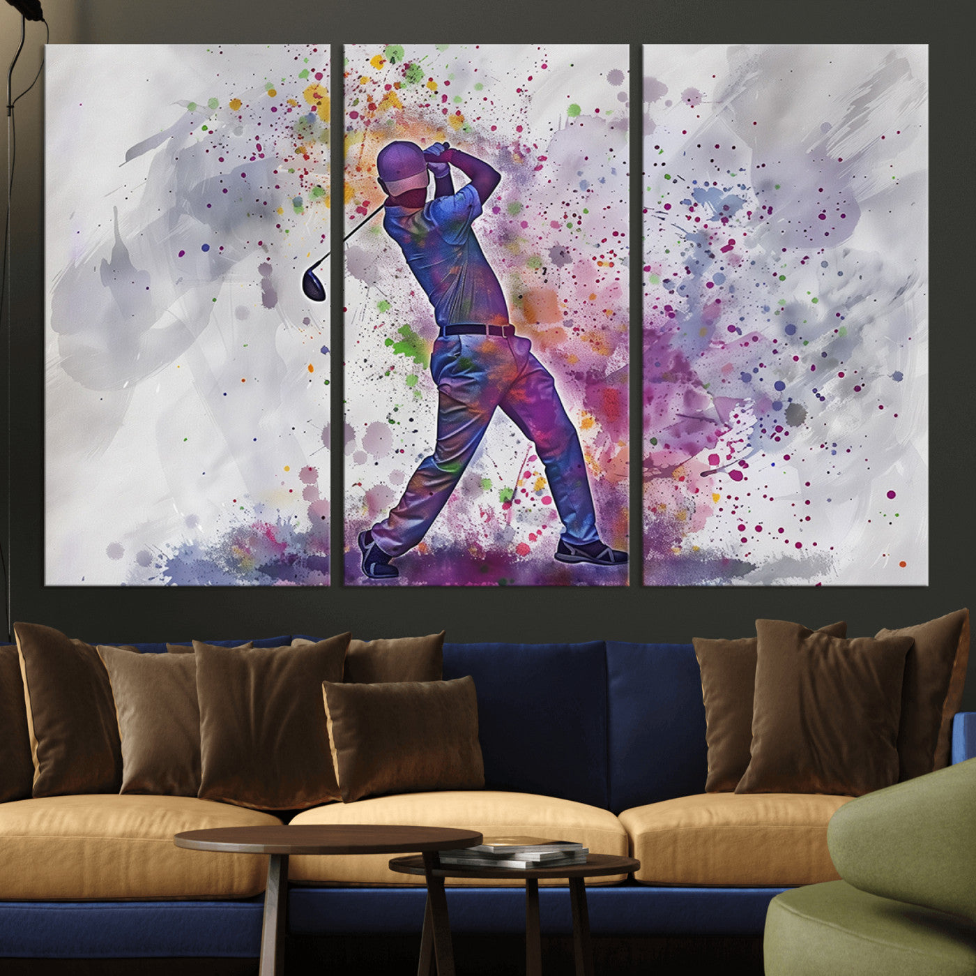 60116-MGV-CV-36X24-Watercolor Golf Swing Wall Art Canvas Print | Vibrant Abstract Golf Player Silhouette |