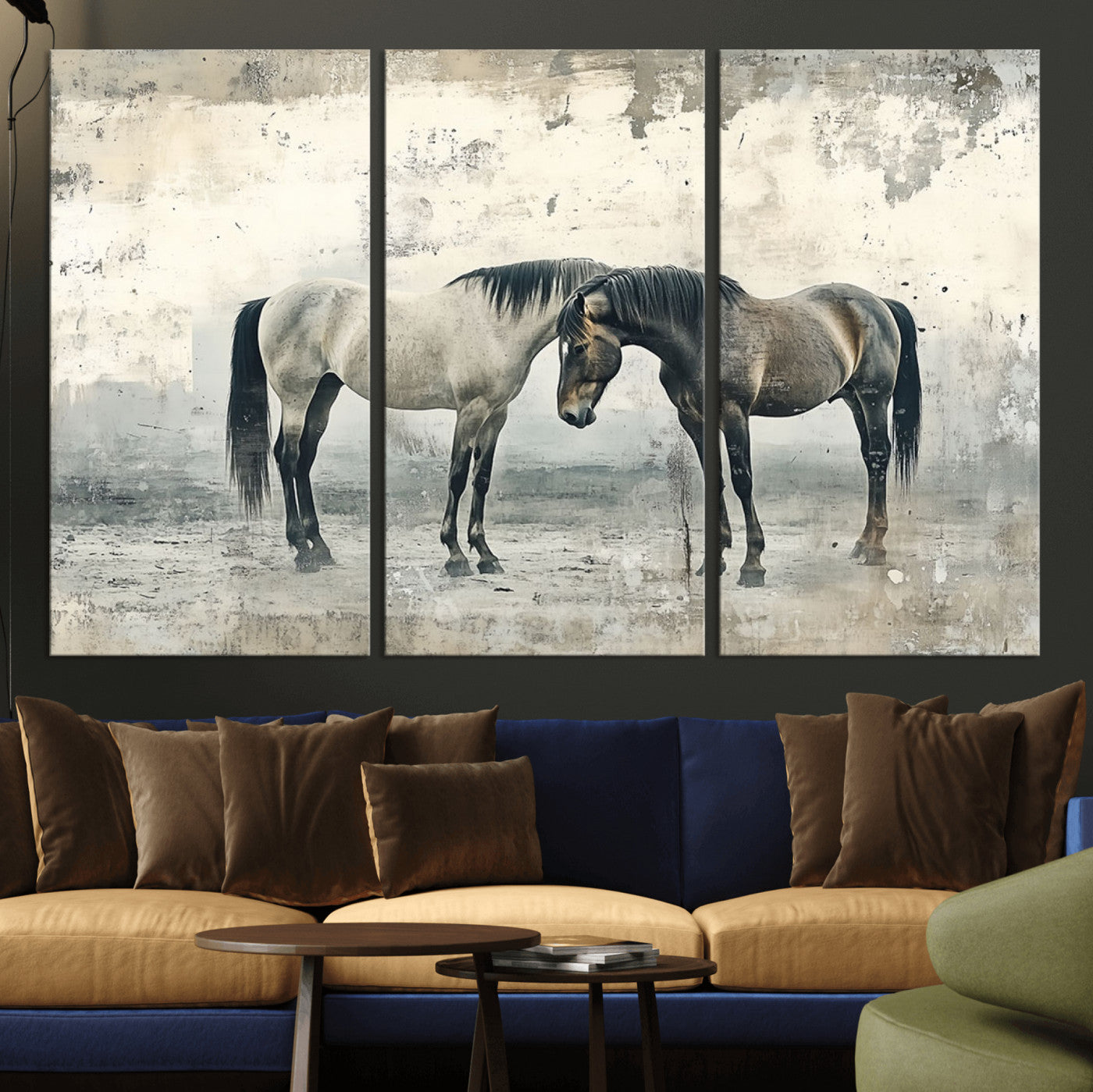 -Chines Style Majestic Horses Wall Art | Ready to Hang and Framed Triptych Print | Western Farmhouse