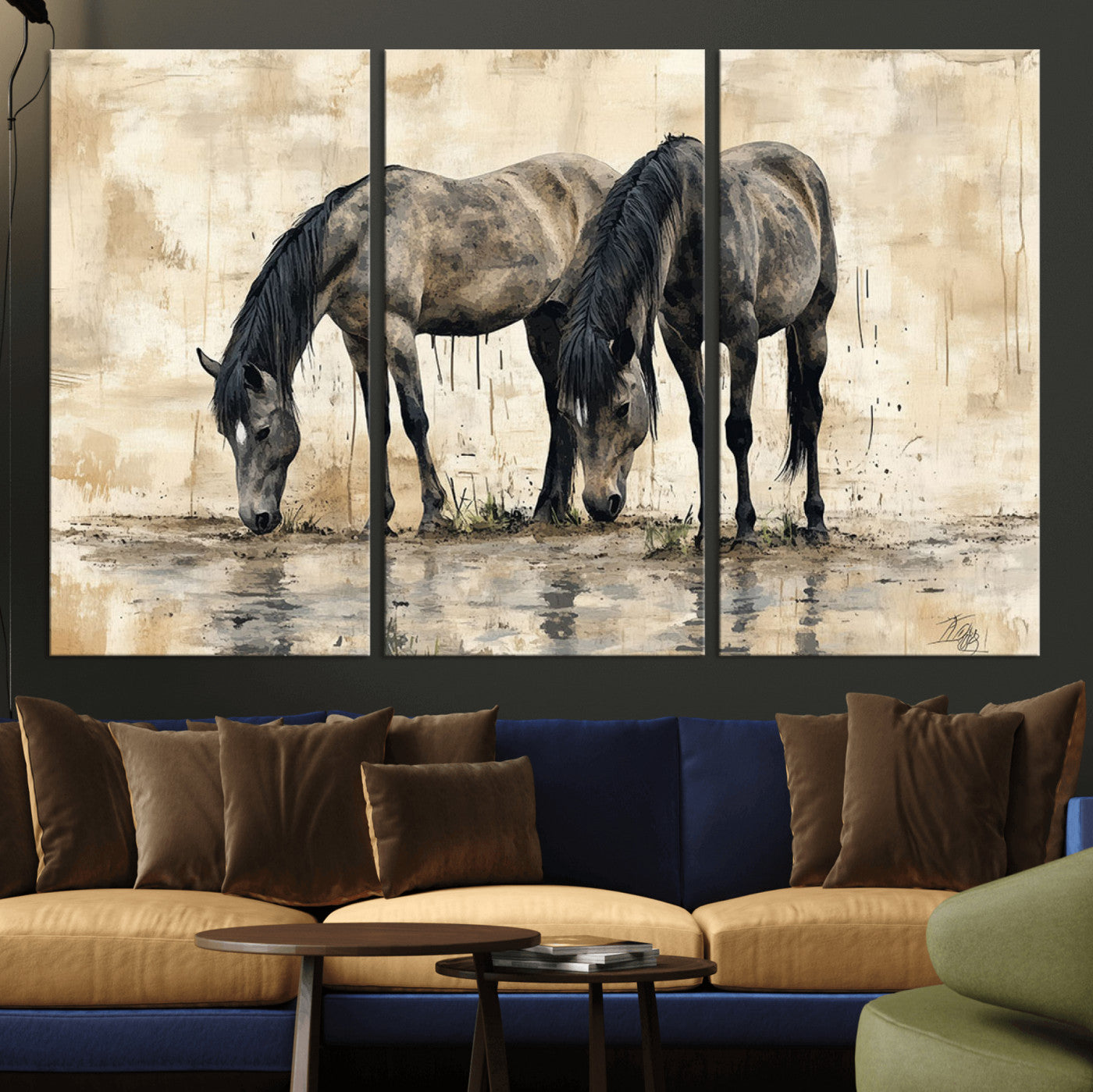 45159-MGV-CV-48X32-3P-Chinese Style Abstract Black Horses Wall Art Canvas Print - Abstract Horse Wall Art Canvas Print