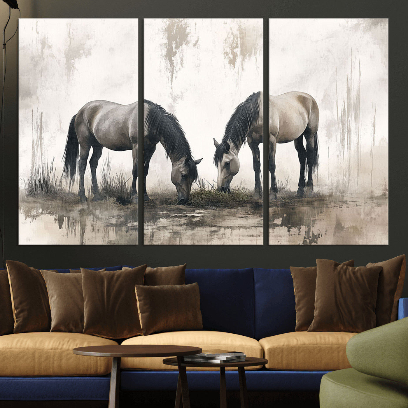 -Chines Ink Style Vintage Horses Wall Art Canvas Print for Farmhouse Wall Decor