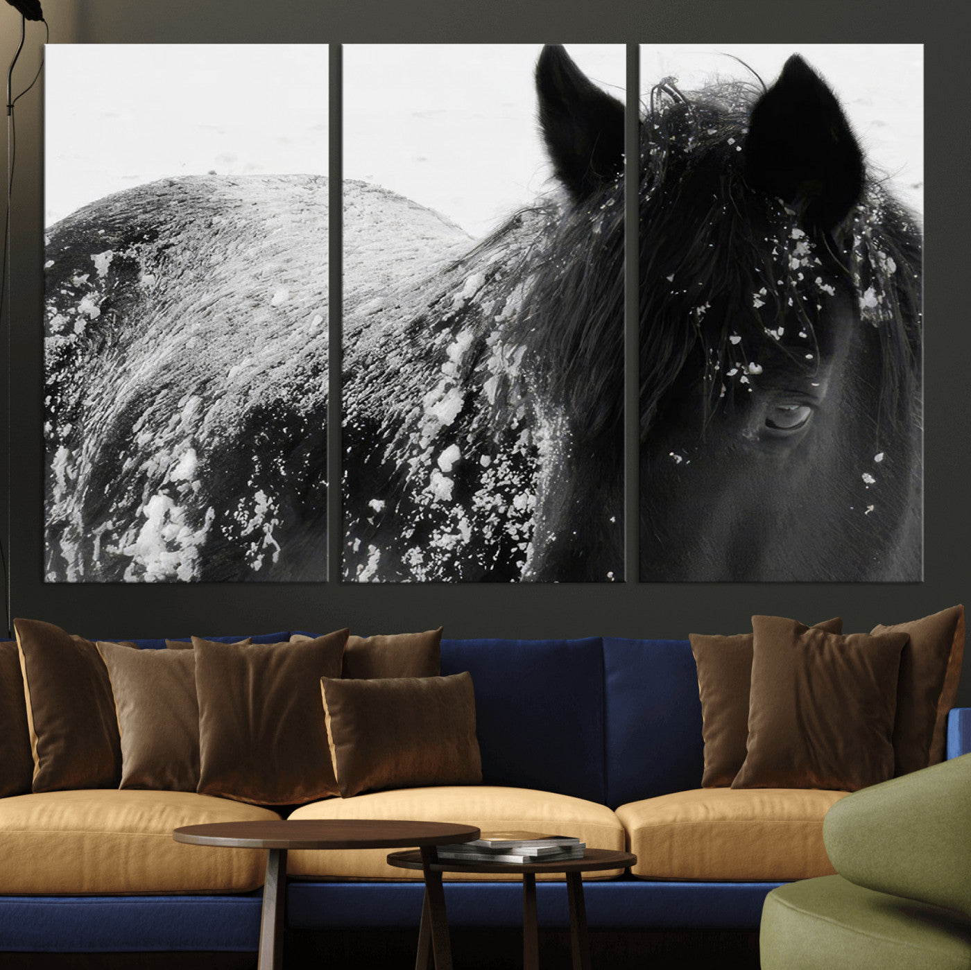 52886-MGV-CV-36X24-Black Horse in Snow Canvas Print | Winter Horse Wall Art | Ready to Hang and Framed | Farmhouse Wall