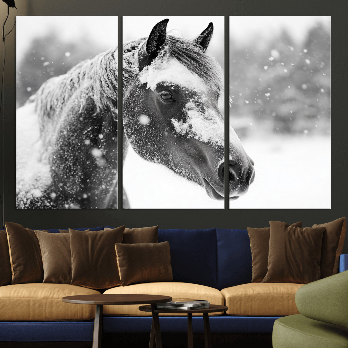 13358-MGV-CV-36X24-Black Horse Winter Wall Art | Ready to Hang and Framed | Farmhouse and Western Wall Decor for Living Room