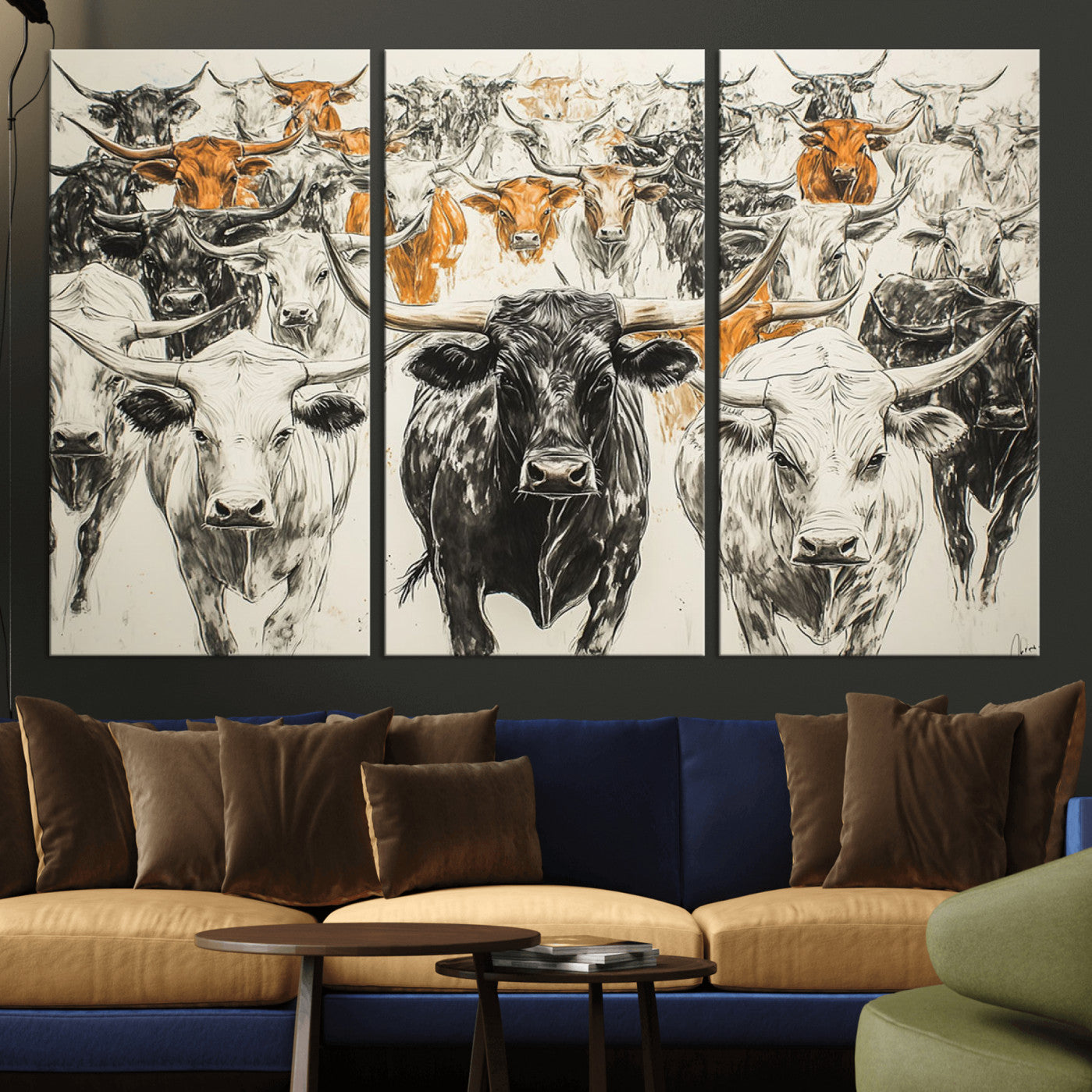 79794-MGV-CV-36X24-Farmhouse Wall Art | Western Longhorn Cattle Canvas Print | Ready to Hang and Framed Barn Decor