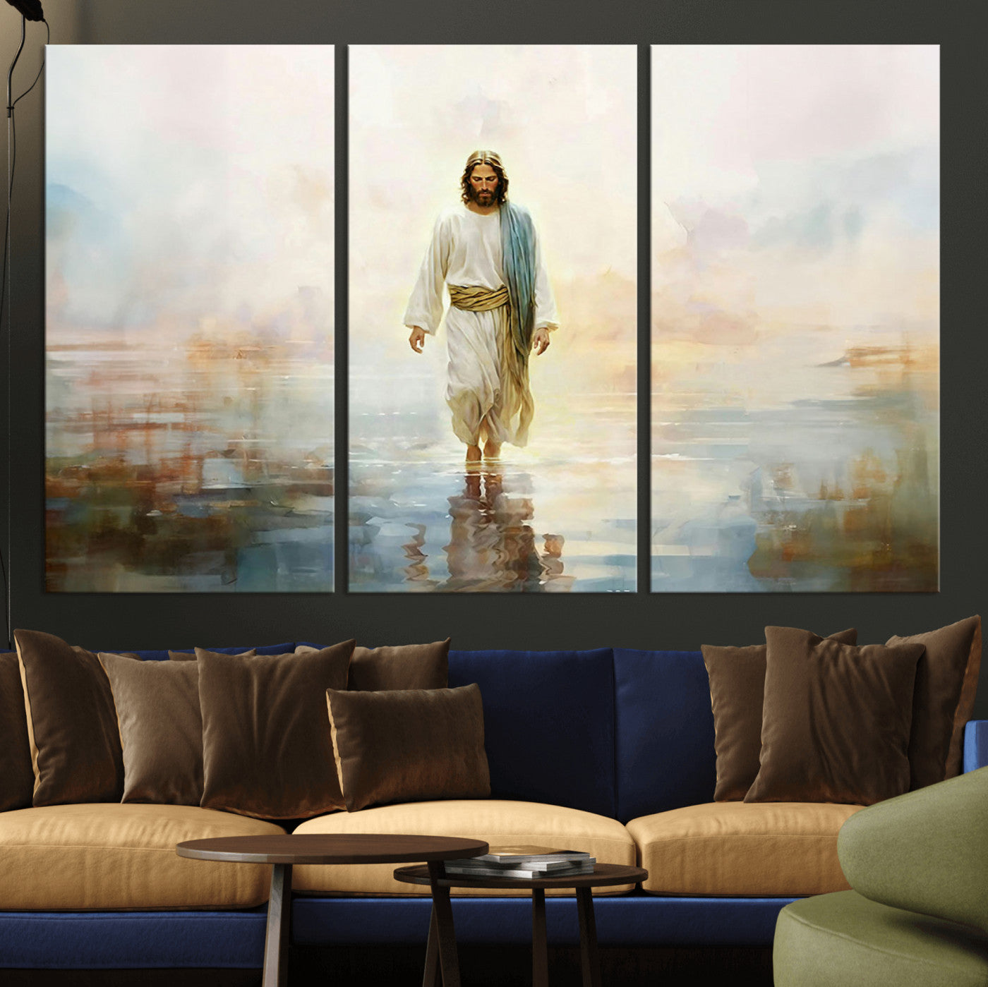 41795-MGV-CV-36X24-Framed Jesus Walking on Water Wall Art - 3-Panel Christian Canvas Prints, Religious Artwork for