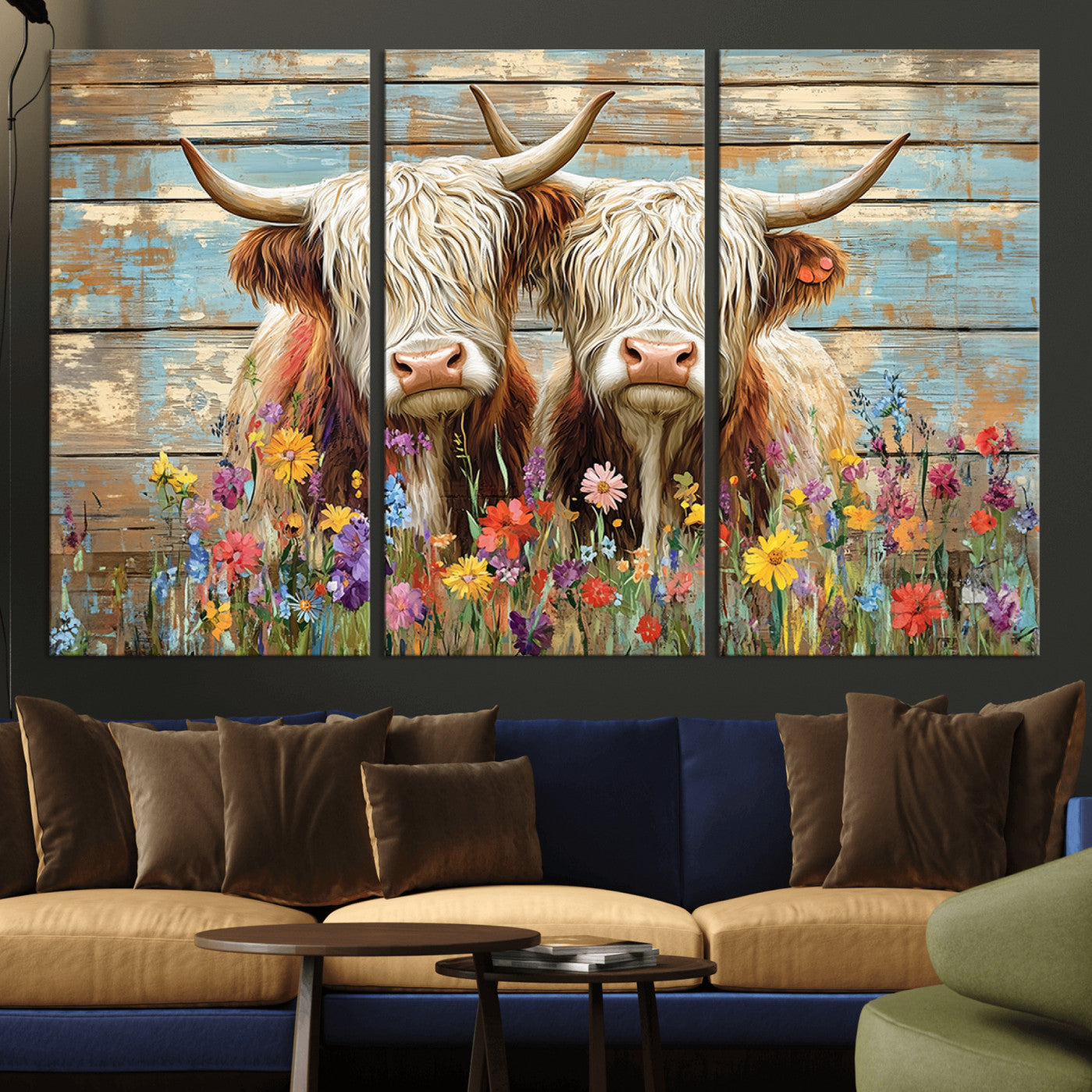 -Cute Highland Cow Canvas Wall Art - Rustic Farmhouse Decor with Colorful Flowers Perfect Wall Art