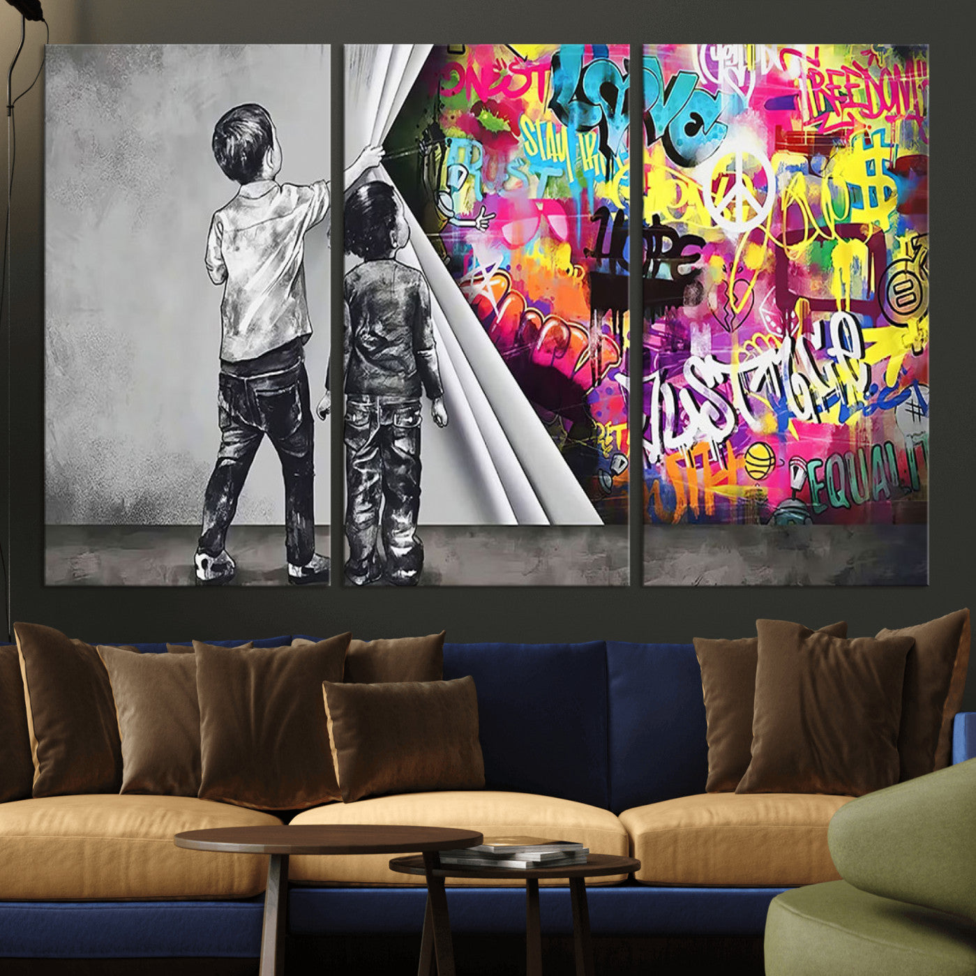 -Banksy Print - Street Art Canvas Wall Art - Kids Revealing Graffiti, Urban Modern Decor for Living