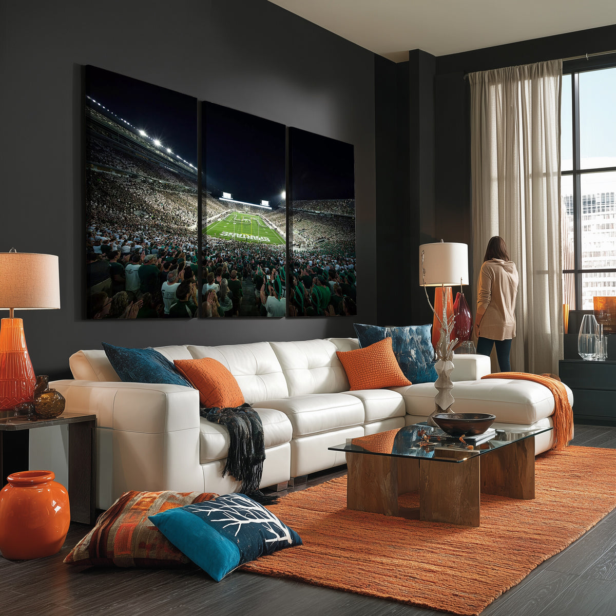 57523-PAN-FL-20X10 - Framed Michigan State Spartans Football Team Print - East Lansing Spartan Stadium Wall Art Canvas