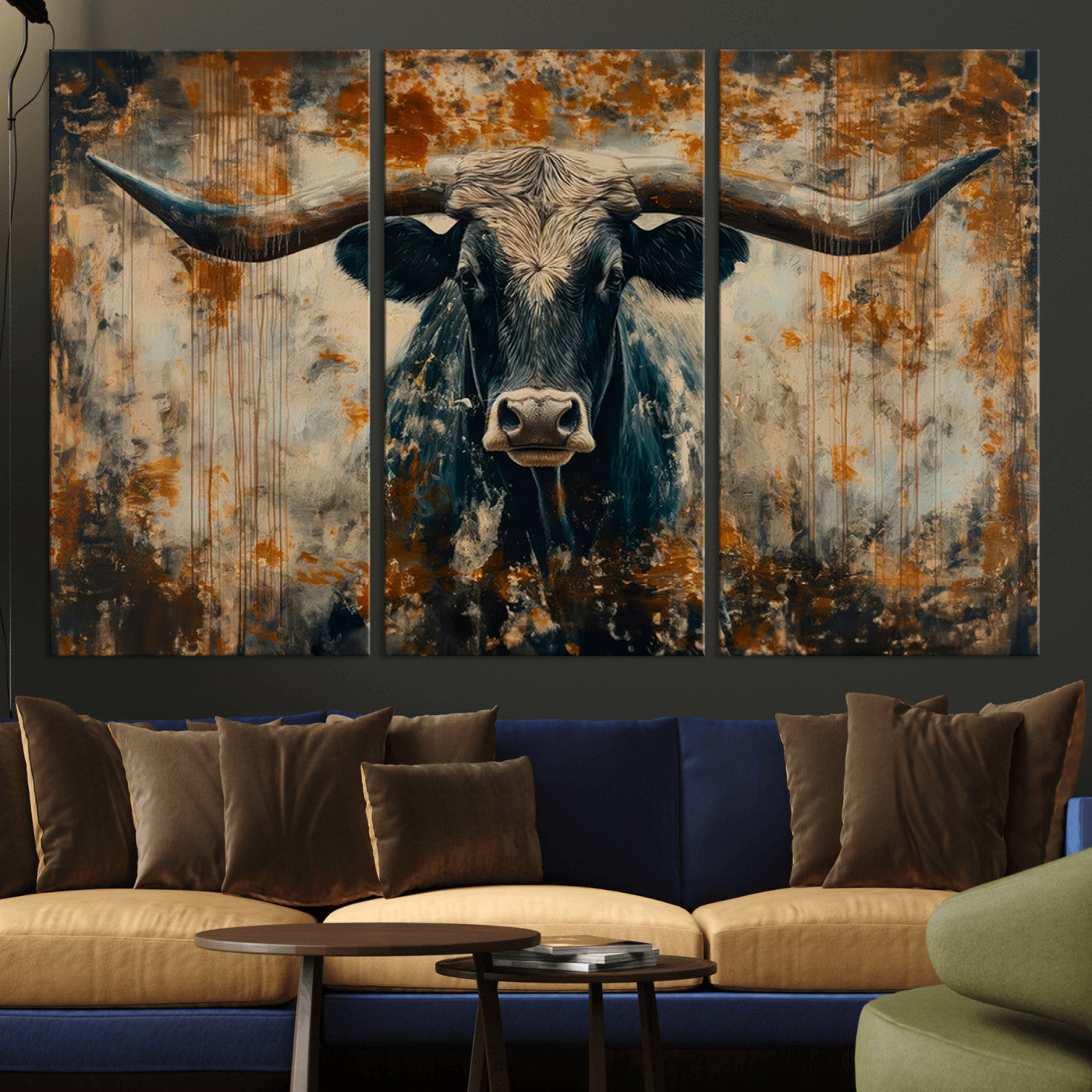 85913-MGV-CV-36X24 - Abstract Longhorn Bull Wall Art | Rustic Western Wall Decor | Framed and Ready to Hang | Ideal for