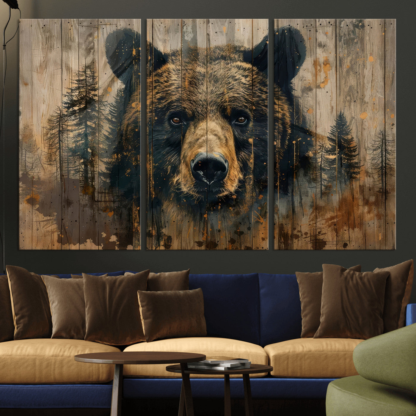 -Abstract 399 Bear Wall Art | Rustic Cabin Wall Decor with Forest Design | Framed and Ready to Hang |