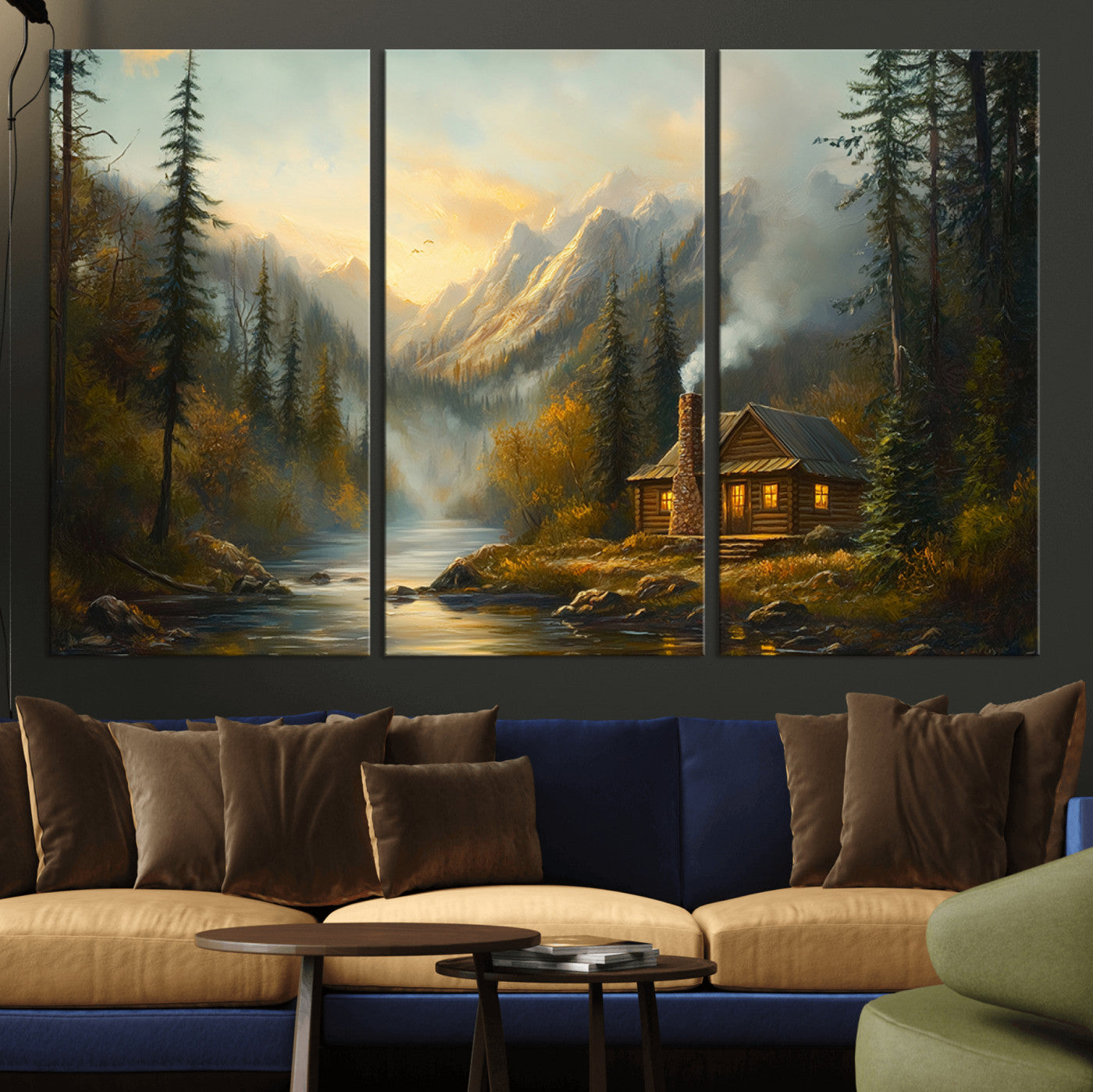 76464-MGV-CV-48X32-3P-Wood Cabin Retreat Mountain at Sunset Wall Art Print - Serene Forest and River Landscape Wall Art
