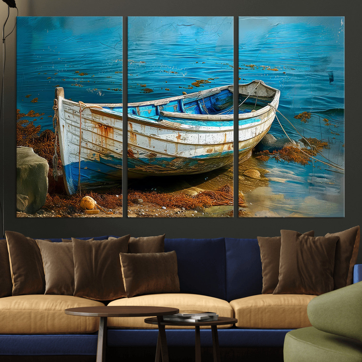 54716-MGV-CV-36X24-Vintage Boat on Tranquil Waters | Coastal Wall Art for Nautical Decor | Rustic Triptych Canvas Print